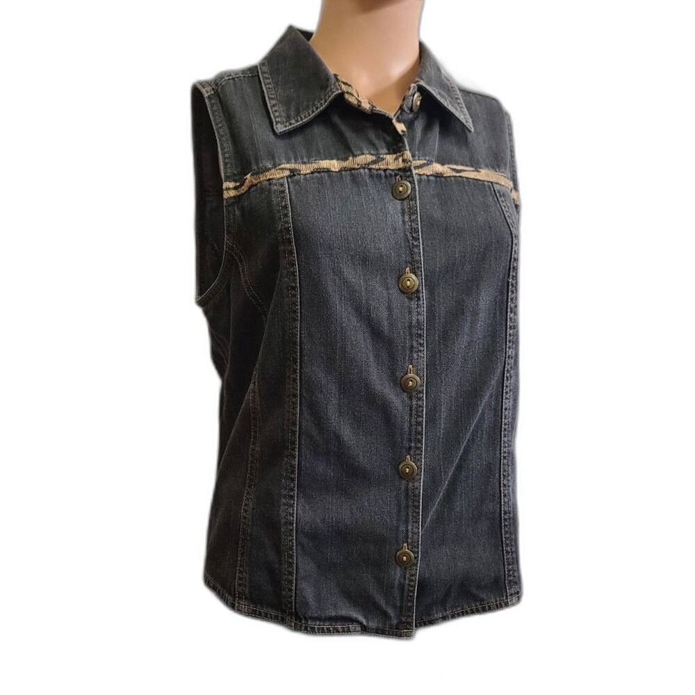 Vintage Y2K Koret Medium Black Denim Vest Tapestry Tribal Print Trim Button Down